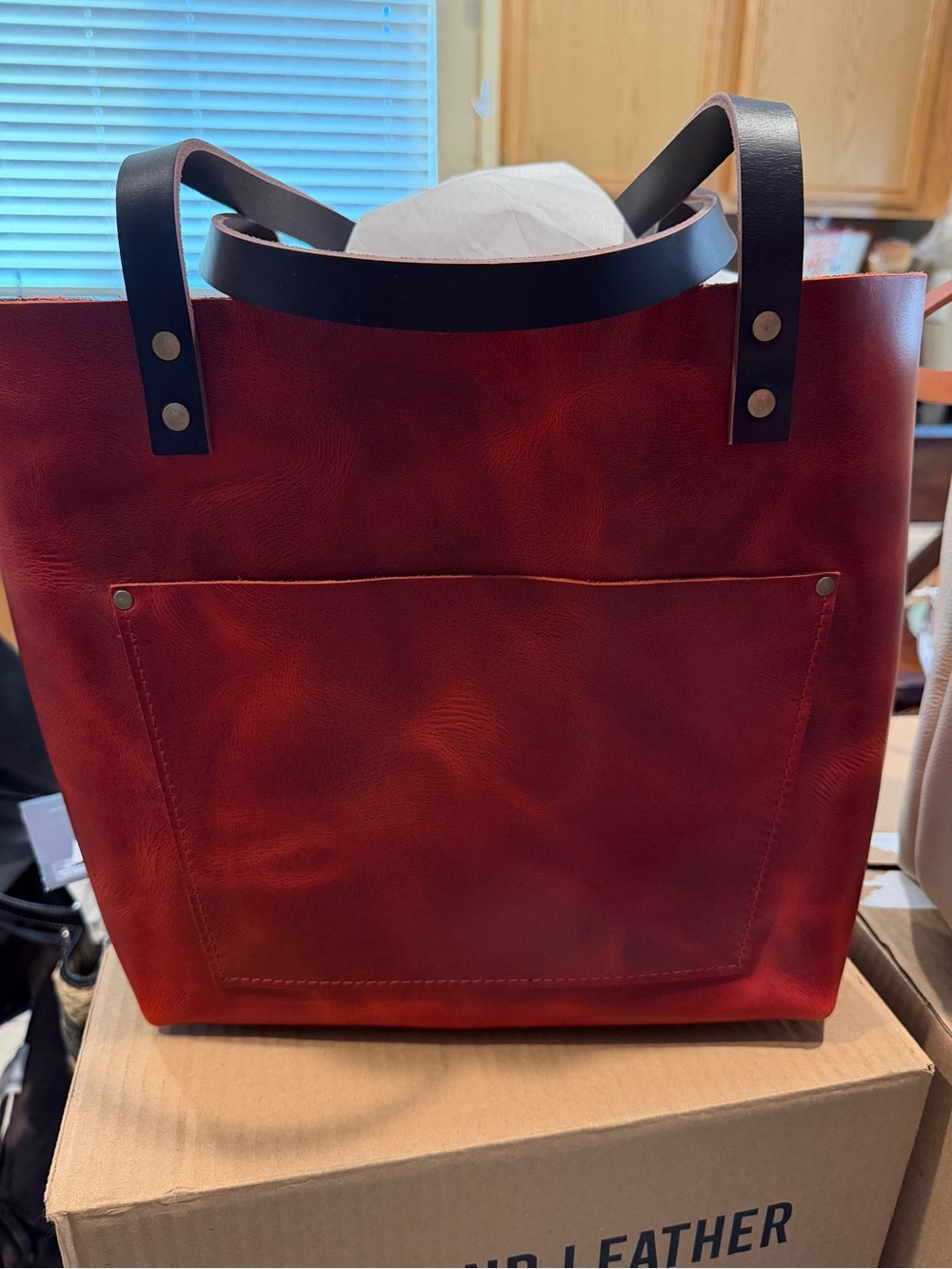 Men's Red Leather Tote Bag with Black Handles